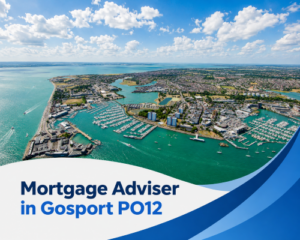 Bright summer aerial view of Gosport PO12 with coastline, marinas, boats, homes and realistic clouds, with branded blue and white graphics reading “Mortgage Adviser in Gosport PO12”.