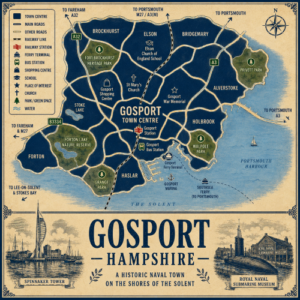 Vintage illustrated map poster of Gosport, Hampshire, with a cream parchment background and dark navy neighbourhood areas centred on Gosport Town Centre. The map shows labelled roads, railway line, Gosport Station, bus station, ferry terminal, marina, parks, green spaces and coastal waters including Portsmouth Harbour and The Solent. Surrounding areas include Brockhurst, Elson, Bridgemary, Alverstoke, Holbrook, Haslar, Forton and Stoke Lake. Key landmarks include Gosport Ferry Terminal, Gosport Marina, Gosport War Memorial, St Mary’s Church, Gosport Shopping Centre, Fort Brockhurst Heritage Park, Forton Lake Nature Reserve, Grange Park, Walpole Park and Privett Park. A decorative lower panel reads “GOSPORT, HAMPSHIRE” with engraved-style illustrations of Spinnaker Tower and the Royal Naval Submarine Museum, plus the subtitle “A historic naval town on the shores of The Solent.”