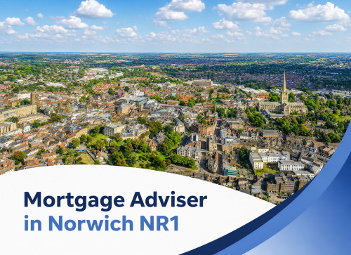 Promotional graphic showing a bright summer aerial view of Norwich NR1 under a blue sky with realistic white clouds. A large white curved banner overlays the bottom left, with the text “Mortgage Adviser” in dark blue and “in Norwich NR1” in a lighter blue. Blue branded wave shapes frame the lower-right corner. Mortgage Adviser in Norwich NR1