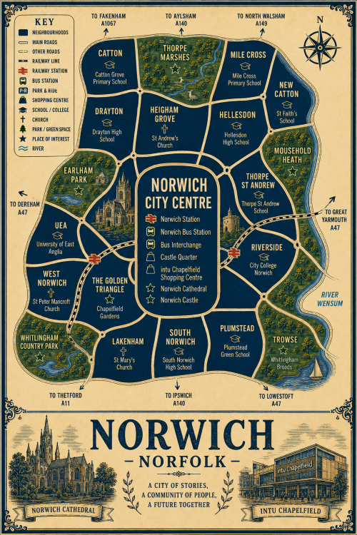 Vintage illustrated map poster of Norwich, Norfolk, with a cream parchment background and dark navy neighbourhood areas centred on Norwich City Centre. The map shows labelled roads, railway lines, Norwich Station, Norwich Bus Station, bus interchange, park and ride, shopping centres, schools, churches, parks, green spaces and the River Wensum. Surrounding areas include Catton, Drayton, Heigham Grove, Hellesdon, Mile Cross, New Catton, Thorpe St Andrew, Riverside, Plumstead, Trowse, South Norwich, Lakenham, West Norwich, UEA and The Golden Triangle. Key landmarks include Norwich Cathedral, Norwich Castle, Castle Quarter, intu Chapelfield Shopping Centre, Chapelfield Gardens, Earlham Park, Mousehold Heath, Thorpe Marshes, Whitlingham Country Park and Whitlingham Broads. A decorative lower panel reads “NORWICH, NORFOLK” with engraved-style illustrations of Norwich Cathedral and intu Chapelfield, plus the subtitle “A city of stories, a community of people, a future together.”