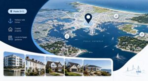 Mortgage Adviser in Poole BH15 hero image featuring Poole Harbour, a local map and location pin, coastal property types, and mortgage guidance icons.