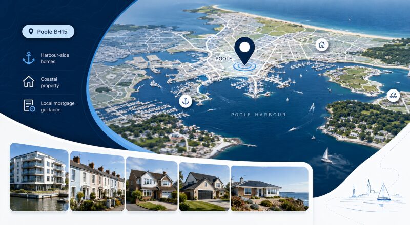 Mortgage Adviser in Poole BH15 hero image featuring Poole Harbour, a local map and location pin, coastal property types, and mortgage guidance icons.