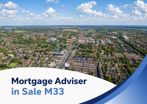 A promotional graphic showing a bright summer aerial view of Sale M33, with rows of suburban homes, tree-lined streets, and the wider town stretching into the distance under a blue sky with realistic white clouds. A curved white banner overlays the bottom of the image, with blue swoosh accents on the right and the headline “Mortgage Adviser in Sale M33” displayed in two branded shades of blue.