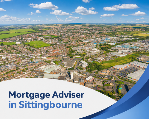 A bright summer aerial view of Sittingbourne showing housing, roads and commercial buildings, styled as a clean promotional banner with a white curved panel at the bottom, blue accent shapes on the right, and the title “Mortgage Adviser in Sittingbourne” in two shades of blue.