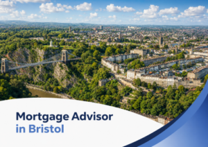 Promotional graphic showing a bright summer aerial view of Bristol with the Clifton Suspension Bridge, green trees, and city buildings under a blue sky with realistic white clouds. A white curved banner overlays the bottom-left corner with the title “Mortgage Advisor in Bristol” in two shades of blue, while layered blue curved design elements frame the bottom-right corner.