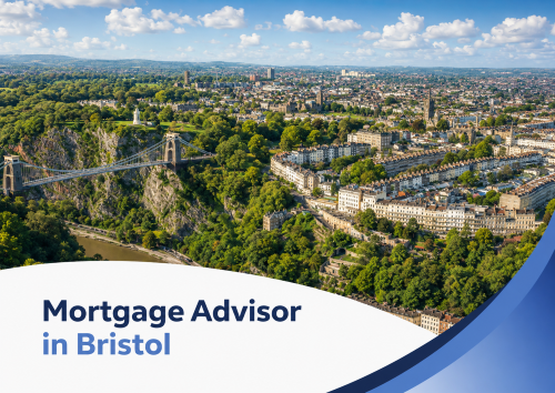 Promotional graphic showing a bright summer aerial view of Bristol with the Clifton Suspension Bridge, green trees, and city buildings under a blue sky with realistic white clouds. A white curved banner overlays the bottom-left corner with the title “Mortgage Advisor in Bristol” in two shades of blue, while layered blue curved design elements frame the bottom-right corner.