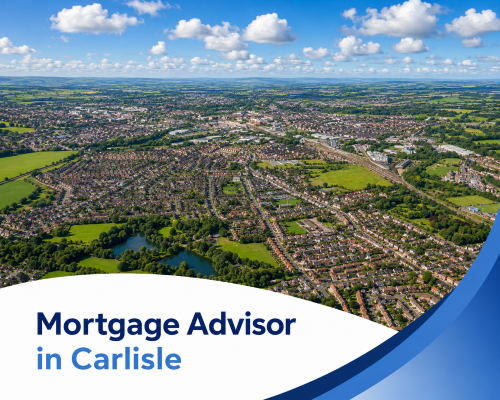 Bright summer aerial view of Carlisle with residential neighbourhoods, green fields, ponds, rail lines and realistic clouds, with branded blue and white graphics reading “Mortgage Advisor in Carlisle”.