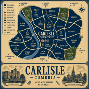 Vintage illustrated map poster of Carlisle, Cumbria, with a cream parchment background and dark navy neighbourhood areas centred on Carlisle Town Centre. The map shows labelled roads, railway line, Carlisle Station, Carlisle Bus Station, shopping areas, schools, churches, parks, green spaces and the River Eden. Surrounding areas include Caldew Gate, Belah, Currock, Rickerby, Belle Vue, Harraby East, Milbourne, South Walney, Victoria Place, Kingstown, Low Harraby and Denton Holme. Key landmarks include Carlisle Cathedral, Carlisle Castle, The Citadel, Tullie House Museum and Art Gallery, The Lanes Shopping Centre, University of Cumbria, Carlisle College, Rickerby Park, Caldew Gate and Brunton Park. A decorative lower panel reads “CARLISLE, CUMBRIA” with engraved-style illustrations of Carlisle Castle and Carlisle Cathedral, plus the subtitle “A city with history at its heart.”