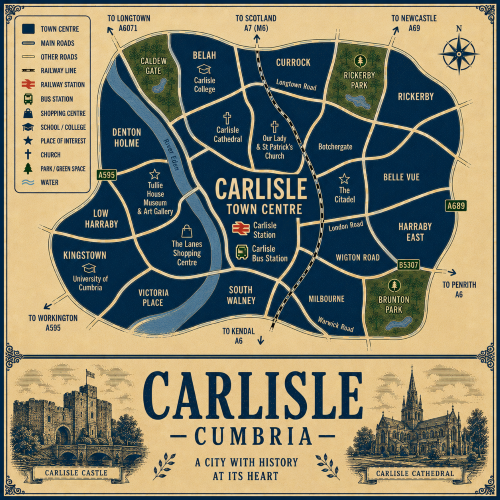 Vintage illustrated map poster of Carlisle, Cumbria, with a cream parchment background and dark navy neighbourhood areas centred on Carlisle Town Centre. The map shows labelled roads, railway line, Carlisle Station, Carlisle Bus Station, shopping areas, schools, churches, parks, green spaces and the River Eden. Surrounding areas include Caldew Gate, Belah, Currock, Rickerby, Belle Vue, Harraby East, Milbourne, South Walney, Victoria Place, Kingstown, Low Harraby and Denton Holme. Key landmarks include Carlisle Cathedral, Carlisle Castle, The Citadel, Tullie House Museum and Art Gallery, The Lanes Shopping Centre, University of Cumbria, Carlisle College, Rickerby Park, Caldew Gate and Brunton Park. A decorative lower panel reads “CARLISLE, CUMBRIA” with engraved-style illustrations of Carlisle Castle and Carlisle Cathedral, plus the subtitle “A city with history at its heart.”