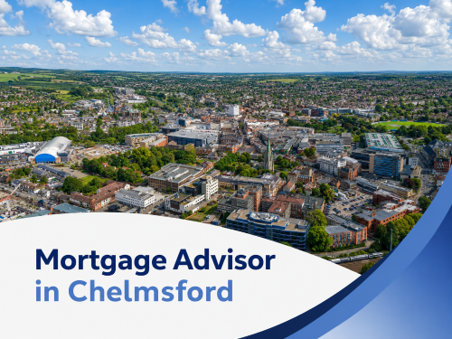 Promotional graphic showing a bright summer aerial view of Chelmsford with realistic clouds overhead, styled in a clean mortgage-advert format. A curved white banner with blue accents overlays the bottom of the image and contains the two-tone title “Mortgage Advisor in Chelmsford.”