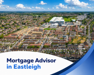 Bright summer aerial view of Eastleigh with homes, roads, industrial buildings and realistic clouds, with branded blue and white graphics reading “Mortgage Advisor in Eastleigh”.