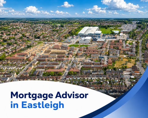 Bright summer aerial view of Eastleigh with homes, roads, industrial buildings and realistic clouds, with branded blue and white graphics reading “Mortgage Advisor in Eastleigh”.