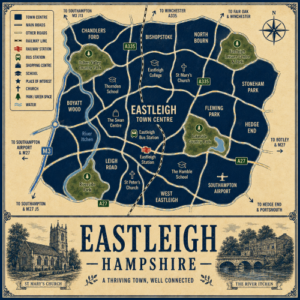 Vintage illustrated map poster of Eastleigh, Hampshire, with a cream parchment background and dark navy neighbourhood areas centred on Eastleigh Town Centre. The map shows labelled roads, railway line, Eastleigh Station, bus station, schools, churches, parks, green spaces and the River Itchen. Surrounding areas include Chandlers Ford, Bishopstoke, North Bourn, Stoneham Park, Fleming Park, Hedge End, West Eastleigh, Leigh Road and Boyatt Wood. Key landmarks include The Swan Centre, Eastleigh College, St Mary’s Church, St Peter’s Church, Thornden School, The Hamble School, Lakeside Country Park, Itchen Valley Country Park, Riverside Park, Eastleigh Leisure Centre and Southampton Airport. A decorative lower panel reads “EASTLEIGH, HAMPSHIRE” with engraved-style illustrations of St Mary’s Church and the River Itchen, plus the subtitle “A thriving town, well connected.”