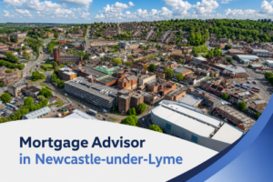 Promotional graphic showing a bright summer aerial view of Newcastle-under-Lyme town centre with roads, buildings, greenery and realistic white clouds, overlaid with a white curved banner and blue brand accents reading “Mortgage Advisor in Newcastle-under-Lyme” in two blue tones.