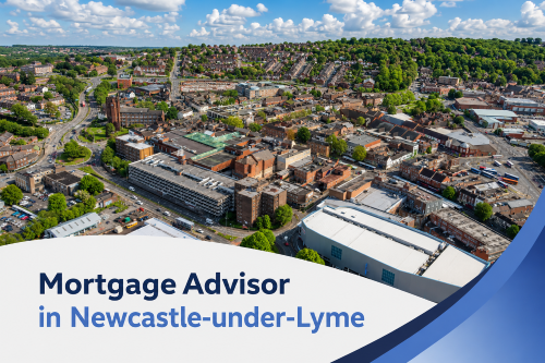 Promotional graphic showing a bright summer aerial view of Newcastle-under-Lyme town centre with roads, buildings, greenery and realistic white clouds, overlaid with a white curved banner and blue brand accents reading “Mortgage Advisor in Newcastle-under-Lyme” in two blue tones.