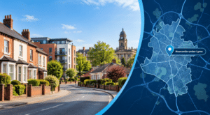 Mortgage Advisor in Newcastle-under-Lyme hero image featuring a Staffordshire street with mixed housing, a local civic landmark, and a Newcastle-under-Lyme location map with pin.