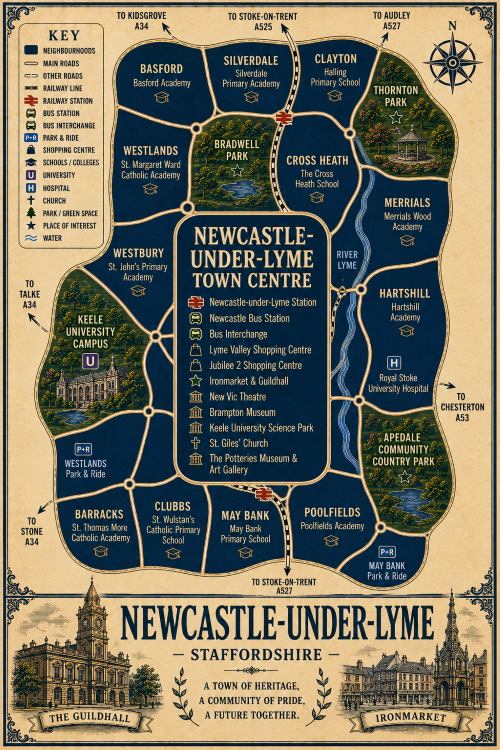Vintage illustrated map poster of Newcastle-under-Lyme, Staffordshire, with a cream parchment background and dark navy neighbourhood areas centred on Newcastle-under-Lyme Town Centre. The map shows labelled roads, railway line, Newcastle-under-Lyme Station, Newcastle Bus Station, bus interchange, park and ride, shopping centres, schools, university, hospital, churches, parks, green spaces and the River Lyme. Surrounding areas include Basford, Silverdale, Clayton, Cross Heath, Merrials, Hartshill, Poolfields, May Bank, Clubbs, Barracks, Westbury and Westlands. Key landmarks include Lyme Valley Shopping Centre, Jubilee 2 Shopping Centre, Ironmarket and Guildhall, New Vic Theatre, Brampton Museum, Keele University Campus, Keele University Science Park, Royal Stoke University Hospital, Bradwell Park, Thornton Park and Apedale Community Country Park. A decorative lower panel reads “NEWCASTLE-UNDER-LYME, STAFFORDSHIRE” with engraved-style illustrations of The Guildhall and Ironmarket, plus the subtitle “A town Mortgage Advisor in Newcastle-under-Lyme