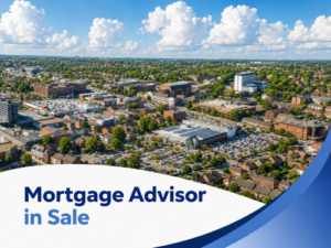 Promotional graphic showing a sunny aerial view of Sale with shops, offices, homes, and car parks under a bright blue sky with large white clouds. A white curved banner overlays the bottom of the image with blue wave accents on the right, and bold two-tone blue text reads “Mortgage Advisor in Sale.”
