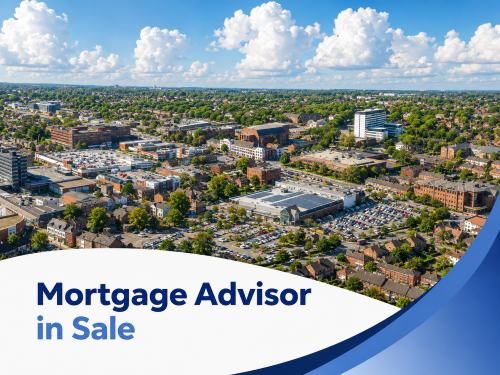 Promotional graphic showing a sunny aerial view of Sale with shops, offices, homes, and car parks under a bright blue sky with large white clouds. A white curved banner overlays the bottom of the image with blue wave accents on the right, and bold two-tone blue text reads “Mortgage Advisor in Sale.”