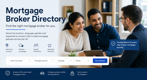 Mortgage Broker Directory hero image showing a couple speaking with a mortgage adviser, with search options for location, language, gender, and expertise.