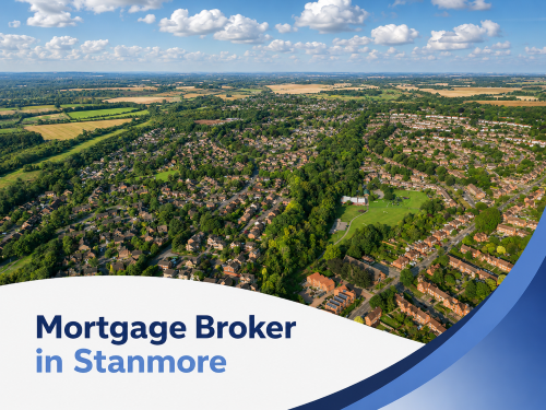 Promotional graphic showing an aerial view of Stanmore on a bright summer’s day, with rows of homes, tree-lined streets, green open spaces and surrounding countryside under realistic fluffy clouds, plus a white curved banner and blue swoosh design reading “Mortgage Broker in Stanmore” in two shades of blue.