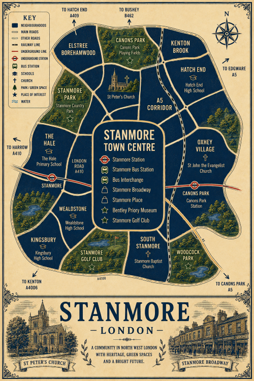 Vintage illustrated map poster of Stanmore, London, with a cream parchment background and dark navy neighbourhood areas centred on Stanmore Town Centre. The map shows labelled roads, railway line, Underground line, Stanmore Station, Canons Park Station, bus station, schools, churches, parks, green spaces and water features. Surrounding areas include Elstree Borehamwood, Canons Park, Kenton Brook, Hatch End, Oxhey Village, The Hale, Wealdstone, Kingsbury, South Stanmore and the A5 Corridor. Key landmarks include Stanmore Broadway, Stanmore Place, Bentley Priory Museum, Stanmore Golf Club, St Peter’s Church, Stanmore Baptist Church, Stanmore Country Park, Canons Park Playing Fields and Woodcock Park. A decorative lower panel reads “STANMORE, LONDON” with engraved-style illustrations of St Peter’s Church and Stanmore Broadway, plus the subtitle “A community in North West London with heritage, green spaces and a bright future.”