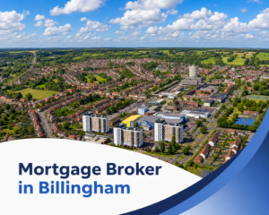 Bright summer aerial view of Billingham with suburban housing, commercial buildings, a tall tower block, green open spaces and realistic clouds, with branded blue and white graphics reading “Mortgage Broker in Billingham”.