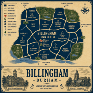 Vintage illustrated map poster of Billingham, Durham, with a cream parchment background and dark navy neighbourhood areas centred on Billingham Town Centre. The map shows labelled roads, railway line, Billingham Station, Billingham Bus Station, shopping centre, schools, churches, parks, green spaces and the River Tees. Surrounding areas include Norton, West Park, Havelock Hill, High Grange, Beckers Green and Mount Pleasant. Key landmarks include Billingham Town Hall, Billingham Forum Shopping Centre, St Mary’s Church, St Aidan’s Church, Billingham School, Billingham Synthonia Academy, St Cuthbert’s Catholic College, John Whitehead Park, Norton Sports Complex, Billingham Golf Club and Throstle Nest Park. A decorative lower panel reads “BILLINGHAM, DURHAM” with engraved-style illustrations of Billingham Town Hall and St Mary’s Church, plus the subtitle “A proud town with heritage and opportunity.”