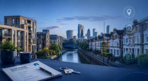 Mortgage Broker in Bow hero image featuring East London homes, a canal-side setting, mortgage paperwork, house keys and location icons.