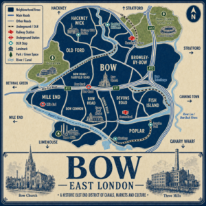 Vintage illustrated map poster of Bow, East London, showing Bow at the centre with surrounding areas including Mile End, Old Ford, Hackney Wick, Bromley-by-Bow, Fish Island, Poplar, Stratford, Limehouse and Victoria Park. The map uses a cream parchment background, dark navy neighbourhood blocks, blue roads, rail and DLR lines, green park areas, canal features and landmark icons for Bow Church, Roman Road Market, Three Mills, London Stadium and Queen Elizabeth Olympic Park. A decorative bottom title panel reads “BOW, EAST LONDON” with engraved-style illustrations of Bow Church and Three Mills.