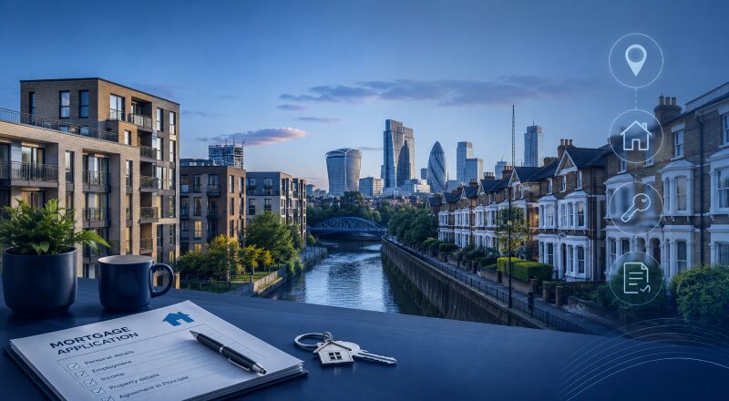 Mortgage Broker in Bow hero image featuring East London homes, a canal-side setting, mortgage paperwork, house keys and location icons.