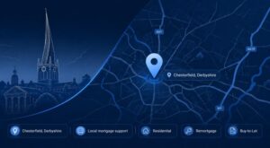 Mortgage Broker in Chesterfield location map with Chesterfield’s iconic crooked spire and mortgage service icons.
