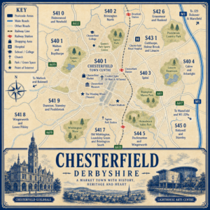 Illustrated blue and cream vintage-style map poster of Chesterfield, Derbyshire, showing postcode areas including S40 Chesterfield Town Centre, Walton and Boythorpe, Spital, Calow and Arkwright, S41 Dunston, Staveley, Old Whittington and Brimington, S42 Grassmoor and Hasland, S43 Cutthorpe, Holme Brook and Linacre, S44 Duckmanton and Wingerworth, and S45 Holywell and Staveley. The map includes major roads such as the M1, A61, A617, A619 and A632, railway lines, Chesterfield and Dronfield stations, parks and green spaces, and landmarks including Chesterfield Market, Chesterfield Museum, the Crooked Spire at St Mary and All Saints, The Winding Wheel, Chesterfield College, Chesterfield Royal Hospital, Queen’s Park, Tapton Park, Proact Stadium, Linacre Reservoirs and Poolsbrook Country Park. A large title panel at the bottom reads “CHESTERFIELD DERBYSHIRE” with decorative illustrations of Chesterfield Guildhall, a countryside scene and Lighthouse Arts Centre.