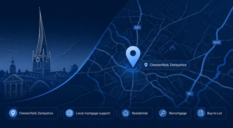 Mortgage Broker in Chesterfield location map with Chesterfield’s iconic crooked spire and mortgage service icons.