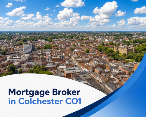 Promotional banner showing a bright summer aerial view of Colchester CO1, with the town centre and surrounding buildings beneath realistic white clouds and blue sky. A curved white panel and blue brand accents frame the lower section, featuring the two tone title “Mortgage Broker in Colchester CO1”.