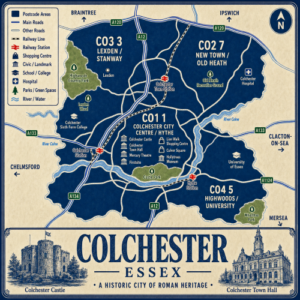  Illustrated blue and cream vintage-style map poster of Colchester, Essex, showing postcode areas including CO1 Colchester City Centre and Hythe, CO2 New Town and Old Heath, CO3 Lexden and Stanway, and CO4 Highwoods and University. The map includes major roads such as the A12, A120, A133, A134 and A1124, railway lines, Colchester, Colchester Town and Hythe stations, the River Colne, Castle Park, Highwoods Country Park, Lexden Wood, Old Heath Recreation Ground and Wivenhoe Park. Landmarks include Colchester Castle, Colchester Town Hall, Mercury Theatre, Firstsite, Hollytrees Museum, Lion Walk Shopping Centre, Culver Square, Colchester Sixth Form College, Colchester Hospital and the University of Essex. A large title panel at the bottom reads “COLCHESTER ESSEX” with decorative illustrations of Colchester Castle and Colchester Town Hall.