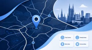 Mortgage Broker in Coventry location map graphic highlighting city centre, family areas, rail links and universities in Coventry.