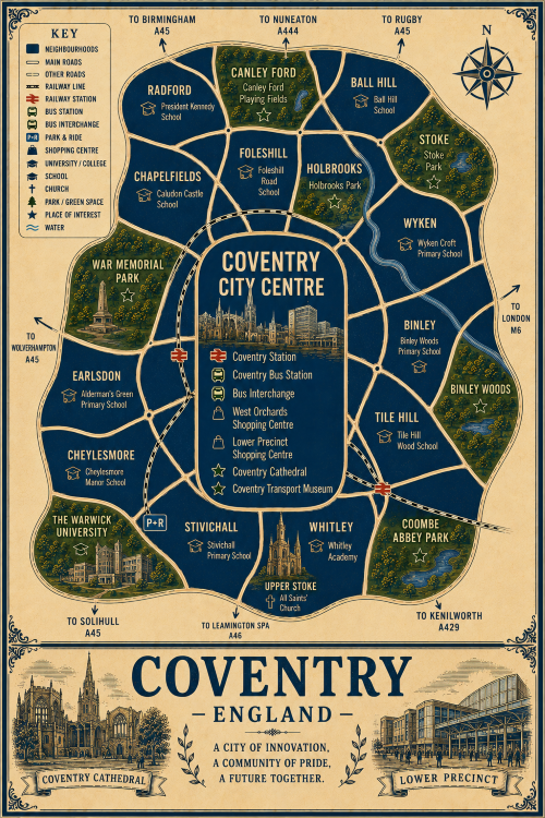 Vintage illustrated map poster of Coventry, England, with a cream parchment background and dark navy neighbourhood areas centred on Coventry City Centre. The map shows labelled roads, railway lines, Coventry Station, Coventry Bus Station, bus interchange, park and ride, shopping centres, schools, universities, churches, parks, green spaces and water features. Surrounding areas include Radford, Chapelfields, Earlsdon, Cheylesmore, Stivichall, Whitley, Tile Hill, Binley, Wyken, Stoke, Ball Hill, Foleshill and Holbrooks. Key landmarks include Coventry Cathedral, Coventry Transport Museum, West Orchards Shopping Centre, Lower Precinct Shopping Centre, War Memorial Park, The Warwick University, Coombe Abbey Park, Binley Woods, Stoke Park and Canley Ford Playing Fields. A decorative lower panel reads “COVENTRY, ENGLAND” with engraved-style illustrations of Coventry Cathedral and Lower Precinct, plus the subtitle “A city of innovation, a community of pride, a future together.”