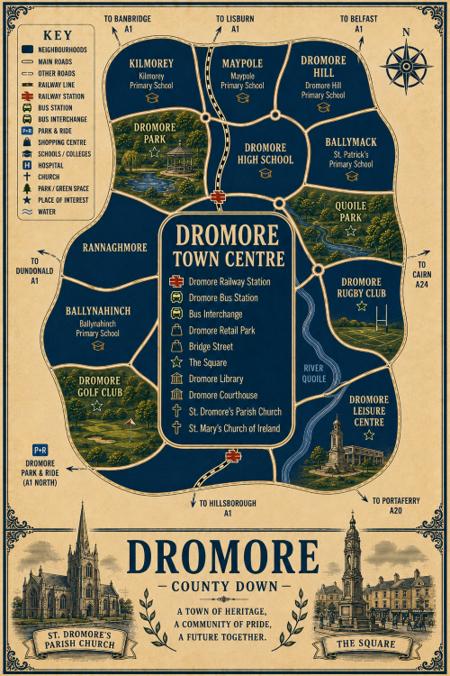Vintage illustrated map poster of Dromore, County Down, with a cream parchment background and dark navy neighbourhood areas centred on Dromore Town Centre. The map shows labelled roads, railway line, Dromore Railway Station, Dromore Bus Station, bus interchange, park and ride, shopping centre, schools, hospital, churches, parks, green spaces and the River Quoile. Surrounding areas include Kilmorey, Maypole, Dromore Hill, Ballymack, Rannaghmore, Ballynahinch and Dromore High School. Key landmarks include Dromore Park, Quoile Park, Dromore Rugby Club, Dromore Golf Club, Dromore Leisure Centre, Dromore Library, Dromore Courthouse, The Square, St Dromore’s Parish Church and St Mary’s Church of Ireland. A decorative lower panel reads “DROMORE, COUNTY DOWN” with engraved-style illustrations of St Dromore’s Parish Church and The Square, plus the subtitle “A town of heritage, a community of pride, a future together.” Mortgage Broker in Dromore