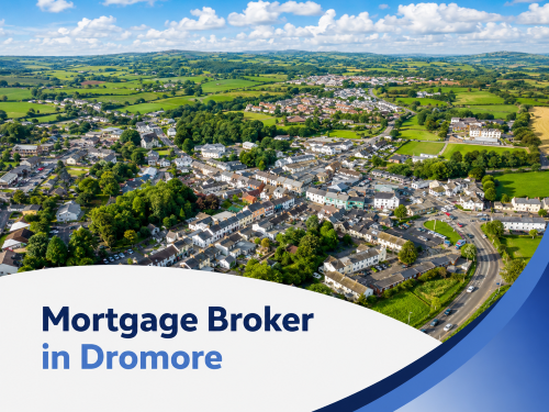 Promotional graphic showing a bright summer aerial view of Dromore, with clustered homes, winding roads, and green countryside under a blue sky filled with realistic white clouds. A curved white banner overlays the bottom left with the title “Mortgage Broker in Dromore” in two blue brand tones, while layered blue swoosh accents frame the lower right corner.