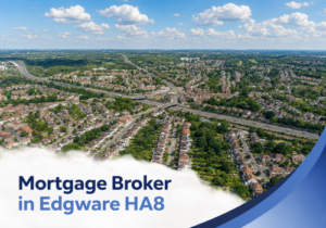 Aerial view of Edgware HA8 featuring residential neighbourhoods, green spaces, and major road networks under a bright blue sky with scattered clouds. Overlay text reads “Mortgage Broker in Edgware HA8” in bold dark and light blue lettering, with curved blue graphic accents framing the image.