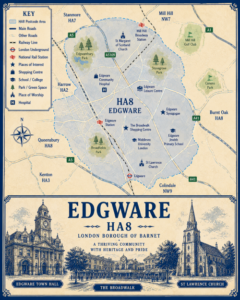 Illustrated blue and cream vintage-style map poster of Edgware, HA8, in the London Borough of Barnet, showing the Edgware postcode area with surrounding locations including Stanmore, Harrow, Queensbury, Kenton, Colindale, Burnt Oak and Mill Hill. The map includes major roads such as the A5, A41, A5109 and A1, railway and Underground lines, Edgware station and Mill Hill Broadway station, parks and green spaces including Edgwarebury Park, Stonegrove Park, Broadfields Park, Canons Park and Mill Hill Golf Club. Landmarks include The Broadwalk Shopping Centre, Edgware Community Hospital, Edgware Leisure Centre, Edgware Synagogue, St Margaret of Scotland Church, St Lawrence Church, Middlesex University London and Edgware Jewish Primary School. A large title panel at the bottom reads “EDGWARE HA8 LONDON BOROUGH OF BARNET” with decorative illustrations of Edgware Town Hall, The Broadwalk and St Lawrence Church.