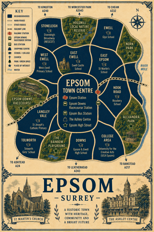 Vintage illustrated map poster of Epsom, Surrey, with a cream parchment background and dark navy neighbourhood areas centred on Epsom Town Centre. The map shows labelled roads, railway line, Epsom Station, Epsom Downs Racecourse Station, bus station, shopping centre, schools, churches, parks, green spaces and the River Mole. Surrounding areas include Stoneleigh, West Ewell, East Ewell, Ewell, East Epsom, Hook Road, College Area, Downs, Langley Vale and Tolworth. Key landmarks include Epsom Downs Racecourse, The Ashley Centre, Epsom High Street, St Martin’s Church, Ewell Castle School, Hogsmill Local Nature Reserve, Nork Park, Alexandra Park and The Rainbow Playground. A decorative lower panel reads “EPSOM, SURREY” with engraved-style illustrations of St Martin’s Church and The Ashley Centre, plus the subtitle “A historic town with heritage, community and a bright future.”