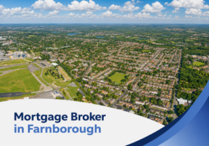 Promotional graphic showing a bright summer aerial view of Farnborough with leafy residential streets, green spaces, lakes and nearby aviation-style buildings under realistic white clouds, with a white curved banner and blue swoosh accents reading “Mortgage Broker in Farnborough” in two blue brand tones.