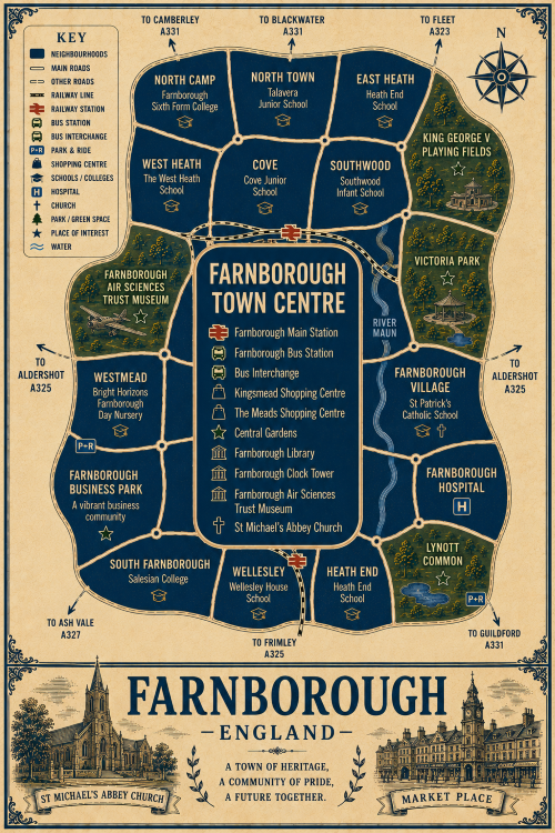 Vintage illustrated map poster of Farnborough, England, with a cream parchment background and dark navy neighbourhood areas centred on Farnborough Town Centre. The map shows labelled roads, railway line, Farnborough Main Station, Farnborough Bus Station, bus interchange, park and ride, shopping centres, schools, hospital, churches, parks, green spaces and water features. Surrounding areas include North Camp, North Town, East Heath, West Heath, Cove, Southwood, Westmead, Farnborough Village, South Farnborough, Wellesley and Heath End. Key landmarks include Kingsmead Shopping Centre, The Meads Shopping Centre, Central Gardens, Farnborough Library, Farnborough Clock Tower, Farnborough Air Sciences Trust Museum, Farnborough Business Park, Victoria Park, King George V Playing Fields, Lynott Common and St Michael’s Abbey Church. A decorative lower panel reads “FARNBOROUGH, ENGLAND” with engraved-style illustrations of St Michael’s Abbey Church and Market Place, plus the subtitle “A town of heritage, a community of pride, a future together.” Mortgage Broker in Farnborough