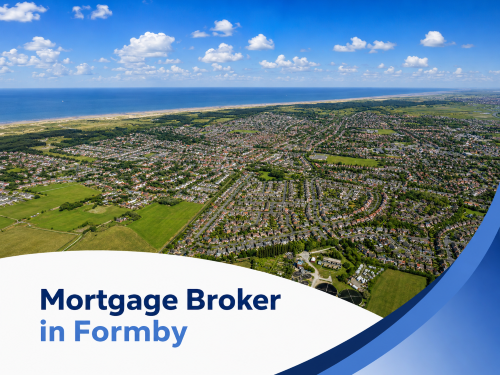 Promotional graphic showing a sunny aerial view of Formby with rows of suburban homes, green fields and the coastline stretching along the horizon under a bright blue sky with scattered white clouds. A white curved banner across the bottom-left reads “Mortgage Broker in Formby” in dark and light blue text, with layered blue swoosh branding on the right. Mortgage Broker in Formby