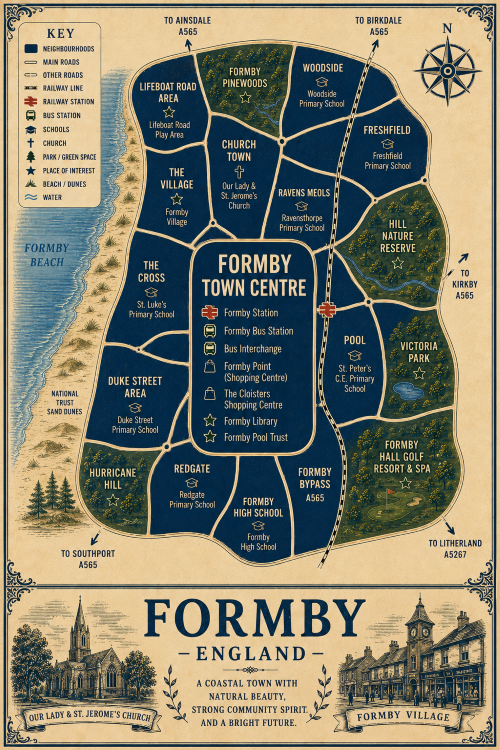 Vintage illustrated map poster of Formby, England, with a cream parchment background and dark navy neighbourhood areas centred on Formby Town Centre. The map shows labelled roads, railway line, Formby Station, bus station, bus interchange, shopping centres, schools, churches, parks, green spaces, beach, dunes and coastal waters. Surrounding areas include Church Town, Ravens Meols, Freshfield, Pool, Redgate, Duke Street Area, The Cross, The Village and Woodside. Key landmarks include Formby Beach, National Trust Sand Dunes, Formby Pinewoods, Lifeboat Road Play Area, Formby Point, The Cloisters Shopping Centre, Formby Library, Formby Pool Trust, Victoria Park, Hill Nature Reserve and Formby Hall Golf Resort and Spa. A decorative lower panel reads “FORMBY, ENGLAND” with engraved-style illustrations of Our Lady and St Jerome’s Church and Formby Village, plus the subtitle “A coastal town with natural beauty, strong community spirit and a bright future.” Mortgage Broker in Formby