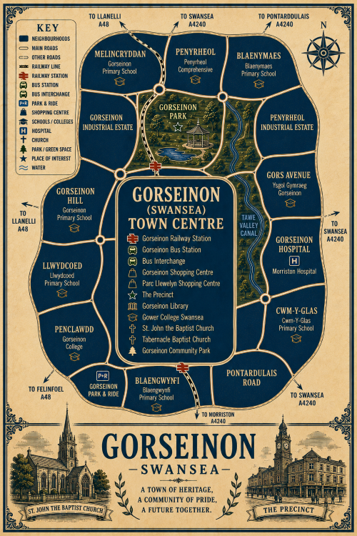 Vintage illustrated map poster of Gorseinon, Swansea, with a cream parchment background and dark navy neighbourhood areas centred on Gorseinon Town Centre. The map shows labelled roads, railway line, Gorseinon Railway Station, Gorseinon Bus Station, bus interchange, park and ride, shopping centres, schools, hospital, churches, parks, green spaces and the Tawe Valley Canal. Surrounding areas include Melincryddan, Penyrheol, Blaenymaes, Gors Avenue, Cwm-y-Glas, Pontardulais Road, Blaengwynfi, Penclawdd, Llwydcoed, Gorseinon Hill and Gorseinon Industrial Estate. Key landmarks include Gorseinon Park, Gorseinon Shopping Centre, Parc Llewelyn Shopping Centre, The Precinct, Gorseinon Library, Gower College Swansea, St John the Baptist Church, Tabernacle Baptist Church and Gorseinon Community Park. A decorative lower panel reads “GORSEINON, SWANSEA” with engraved-style illustrations of St John the Baptist Church and The Precinct, plus the subtitle “A town of heritage, a community of pride, a future together.” Mortgage Broker in Gorseinon