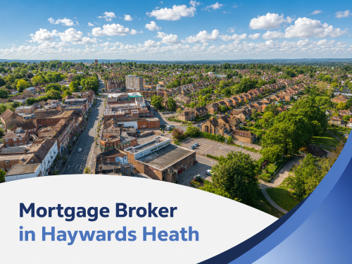Promotional graphic showing a sunny aerial view of Haywards Heath with rows of homes, town-centre buildings, roads, and green parkland under a blue sky with scattered fluffy clouds. A white curved banner overlays the bottom of the image with the headline “Mortgage Broker in Haywards Heath” in two shades of blue, alongside blue branded wave accents on the right.