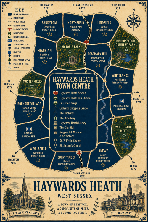 Vintage illustrated map poster of Haywards Heath, West Sussex, with a cream parchment background and dark navy neighbourhood areas centred on Haywards Heath Town Centre. The map shows labelled roads, railway line, Haywards Heath Station, bus station, bus interchange, park and ride, shopping centre, schools, hospital, churches, parks, green spaces and water features. Surrounding areas include Sandydam, Northfield, Lindfield, Rosemary Hill, Whitelands, Franklyn, Muster Green, Bolnore Village, Wivelsfield, Burnt Timber and Anewy. Key landmarks include Orchards Shopping Centre, The Orchards, The Broadway, Haywards Heath Library, The Clair Hall, Princess Royal Hospital, St Wilfrid’s Church, St Joseph’s Church, Victoria Park, Muster Green, Bishop’s Wood Country Park and Woodlands Meed. A decorative lower panel reads “HAYWARDS HEATH, WEST SUSSEX” with engraved-style illustrations of St Wilfrid’s Church and The Broadway, plus the subtitle “A town of heritage, a community of pride, a future together.” Mortgage Broker in Haywards Heath